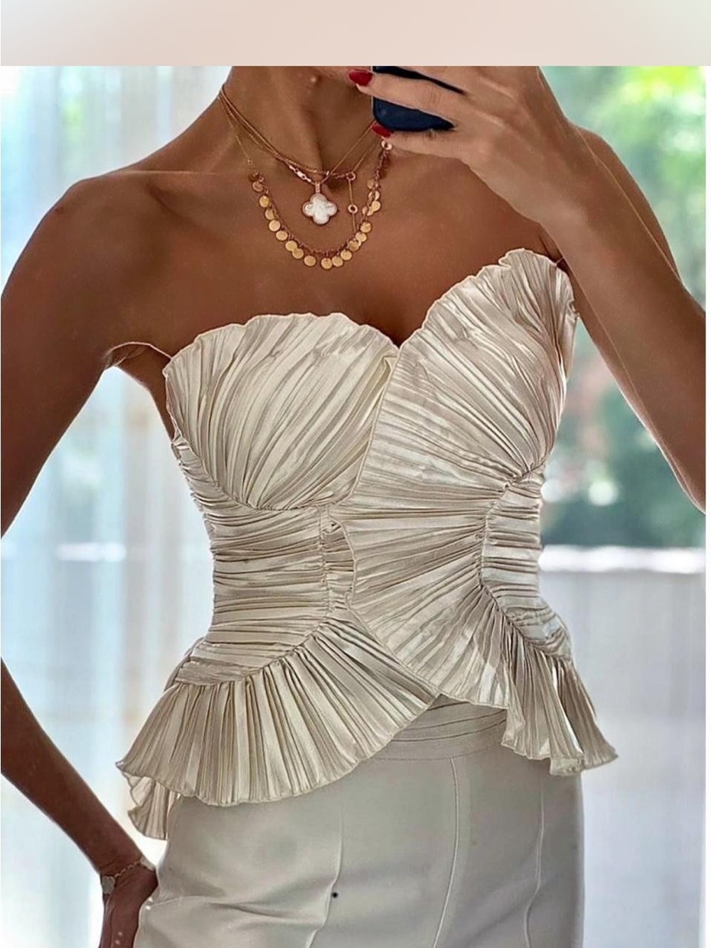 Vintage Ivory Strapless Pleated Ruffle Peplum Dress - Picture 4 of 6